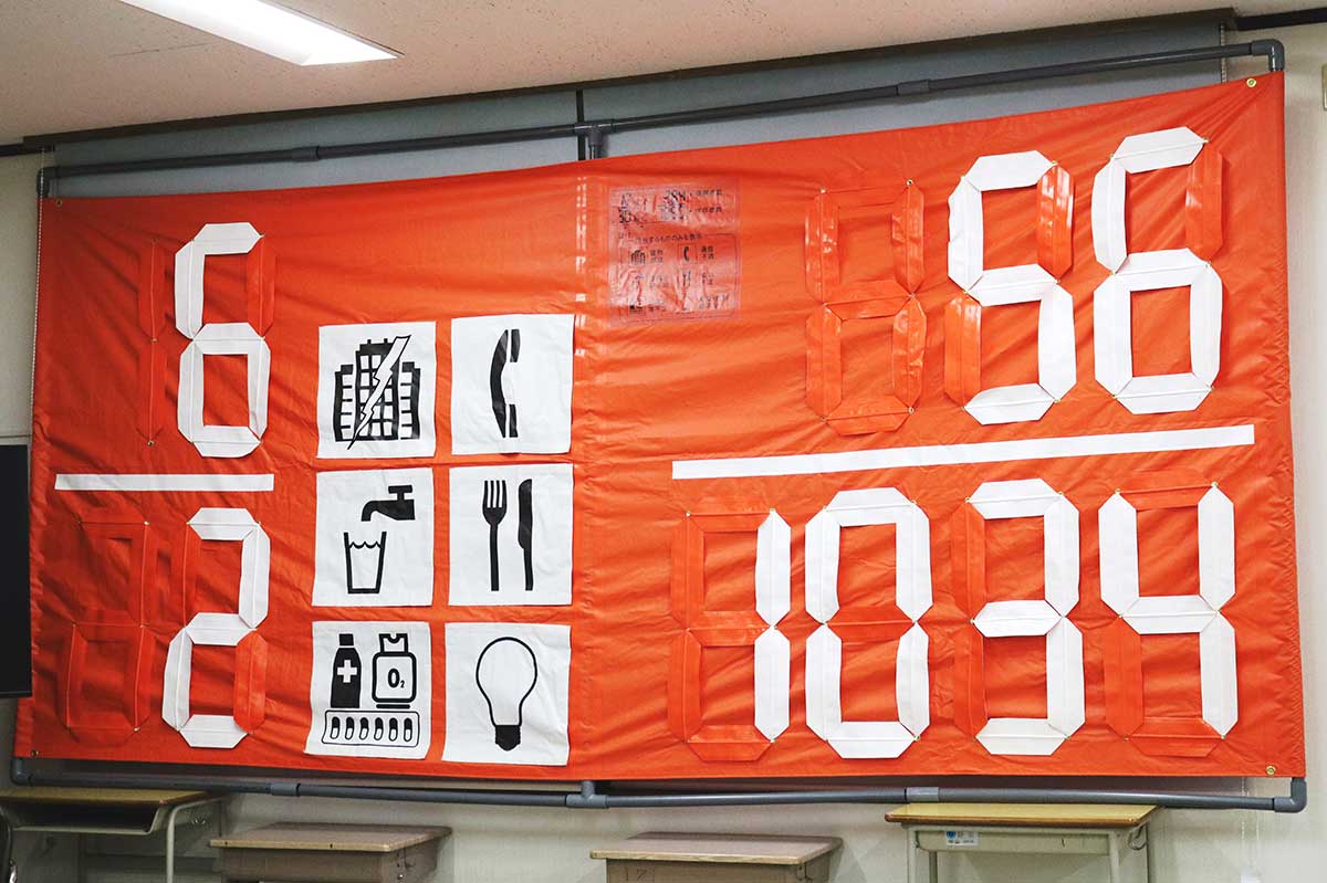 会場に展示されたSOSシート。数字は左側が日付(6月2日)、右下が収容者数(1034人)、右上が傷病者数(56人)を示す。真ん中はピクトグラム表示