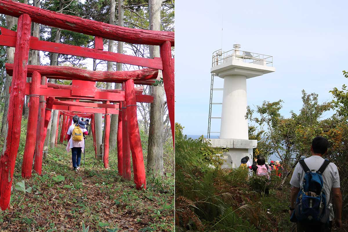 半島の突端、御箱崎灯台までは歩行可能な散策路が続く。灯台の手前には地元住民が祭った御箱崎神社がある
