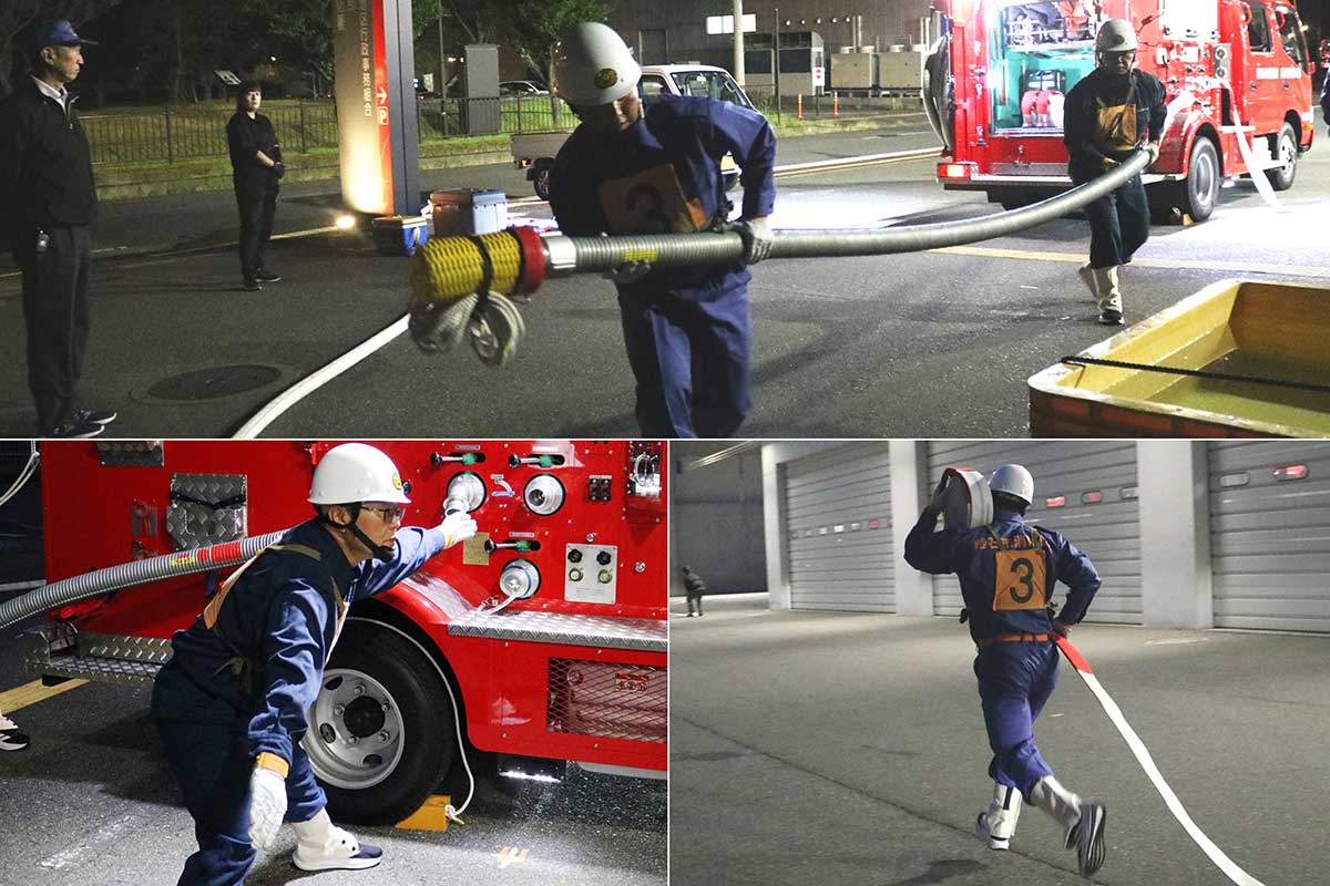 車両右後方の防火水槽が水利(写真上)。吸管の操作後、3番員はホースの延長へ