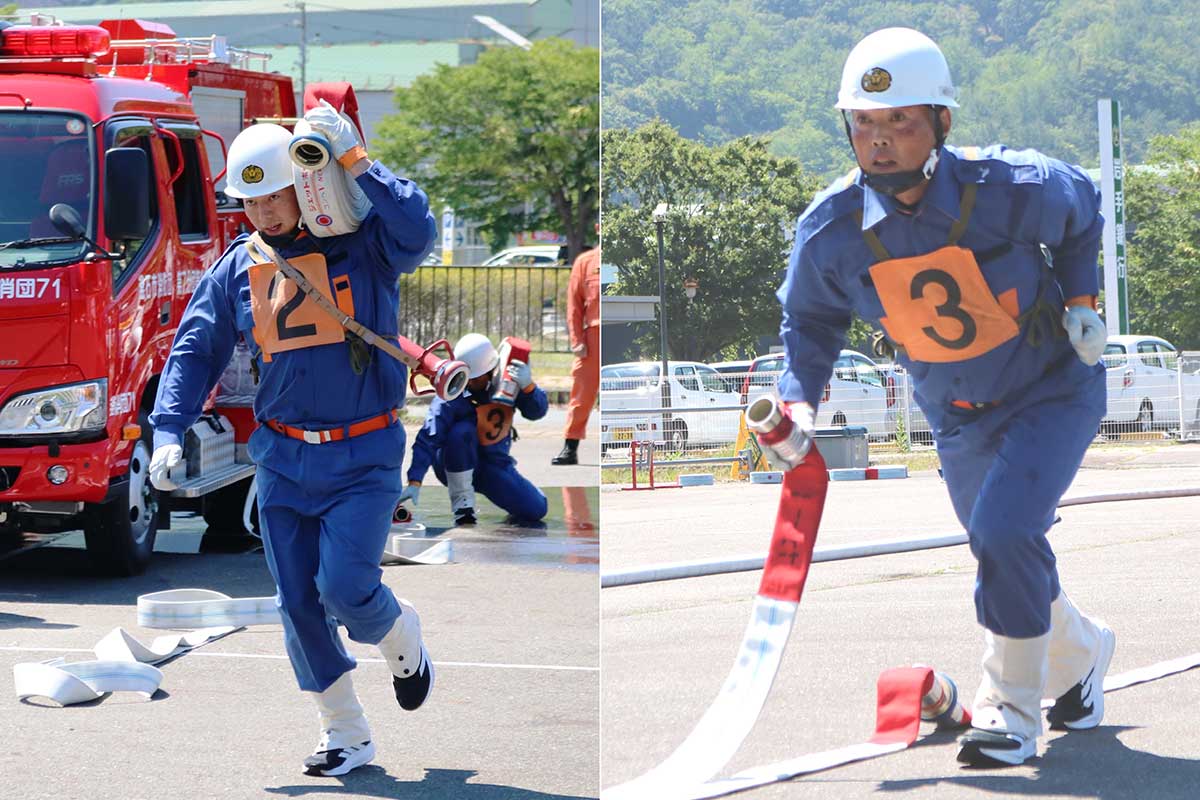 競技会初出場の2番員小笠原聡士さん(左)と3番員藤原直之さん(右)