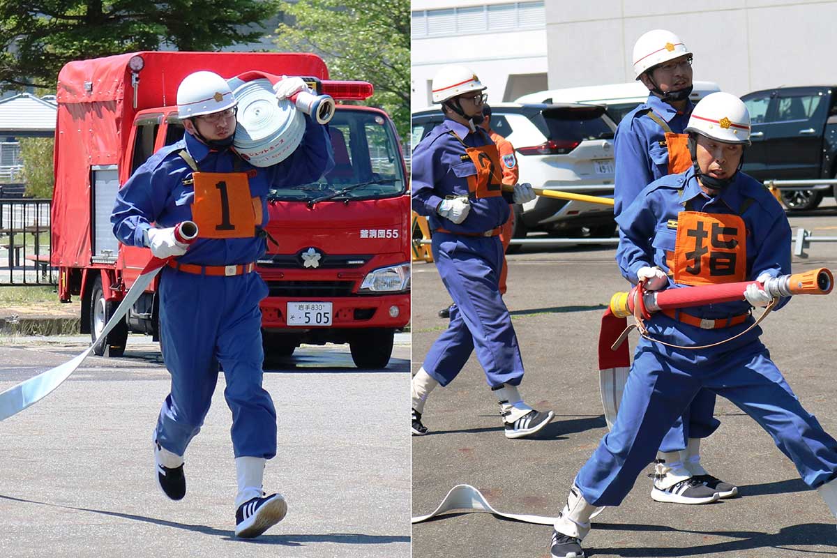 小型ポンプのホース延長は1線(3本)のみ。ポンプ車同様53メートル先まで延ばす