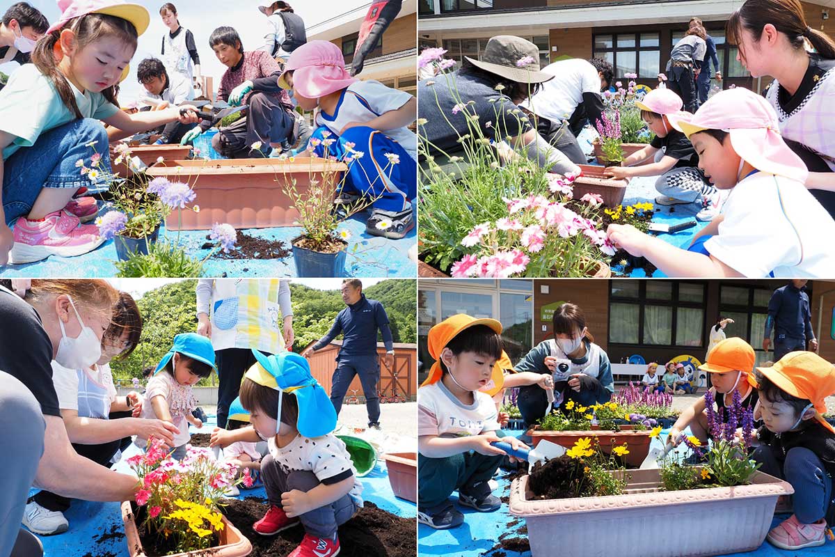 色とりどりの花をプランターに寄せ植えする子どもたち