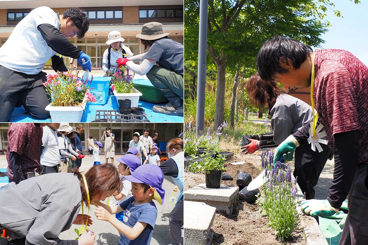 花植えを教えてくれた緑仁舎のスタッフに園児はお礼のメダルをプレゼント