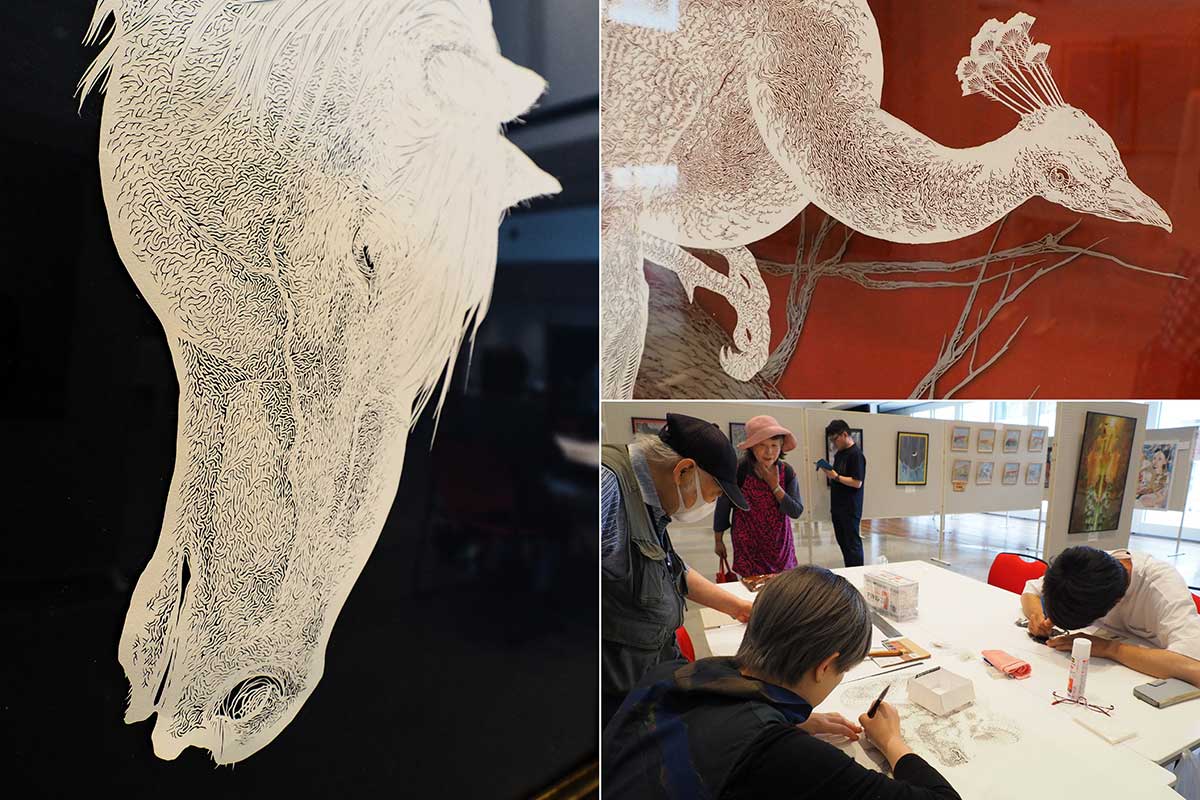 緻密な技で仕上げられた切り絵作品。体験コーナーもお目見え