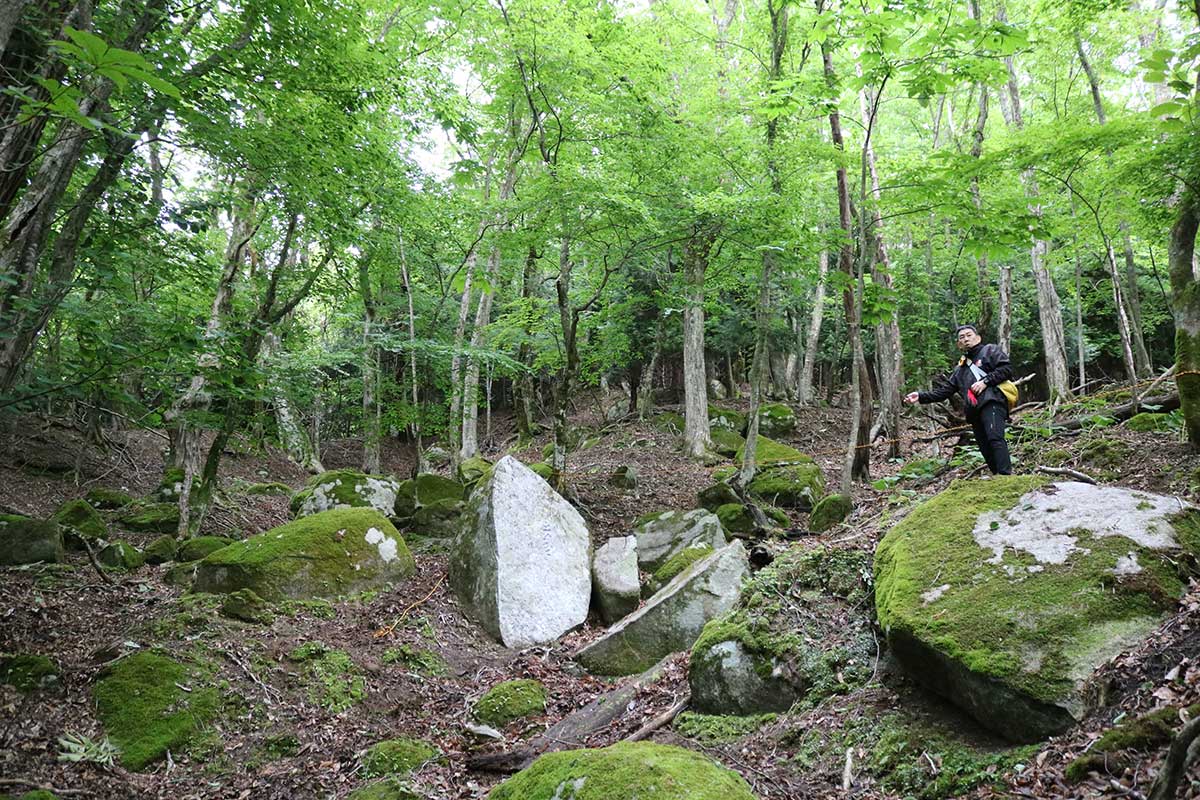 開山碑の周辺の様子。高炉の石組みにも使われた花こう岩がごろごろ。多くがこけむしている