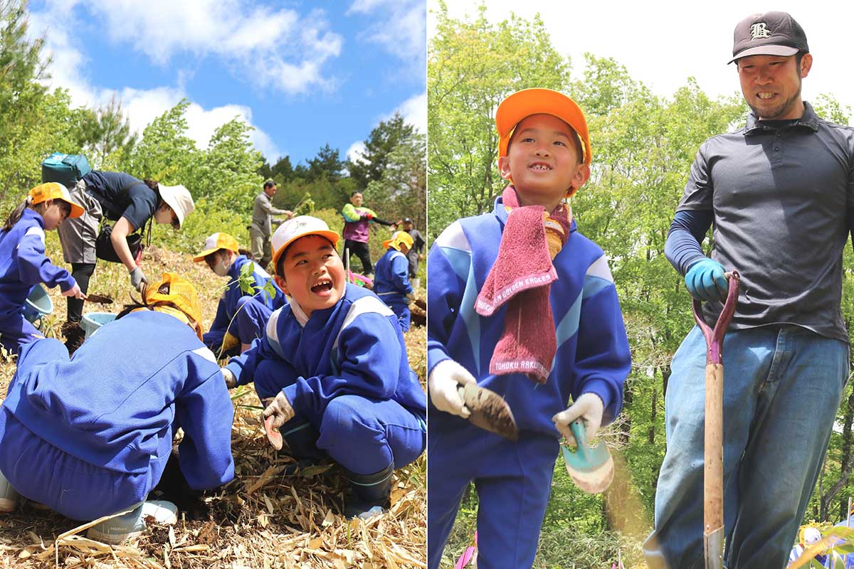 風は強かったものの、最高の天気に恵まれた植樹日。青空と新緑がまぶしい和山