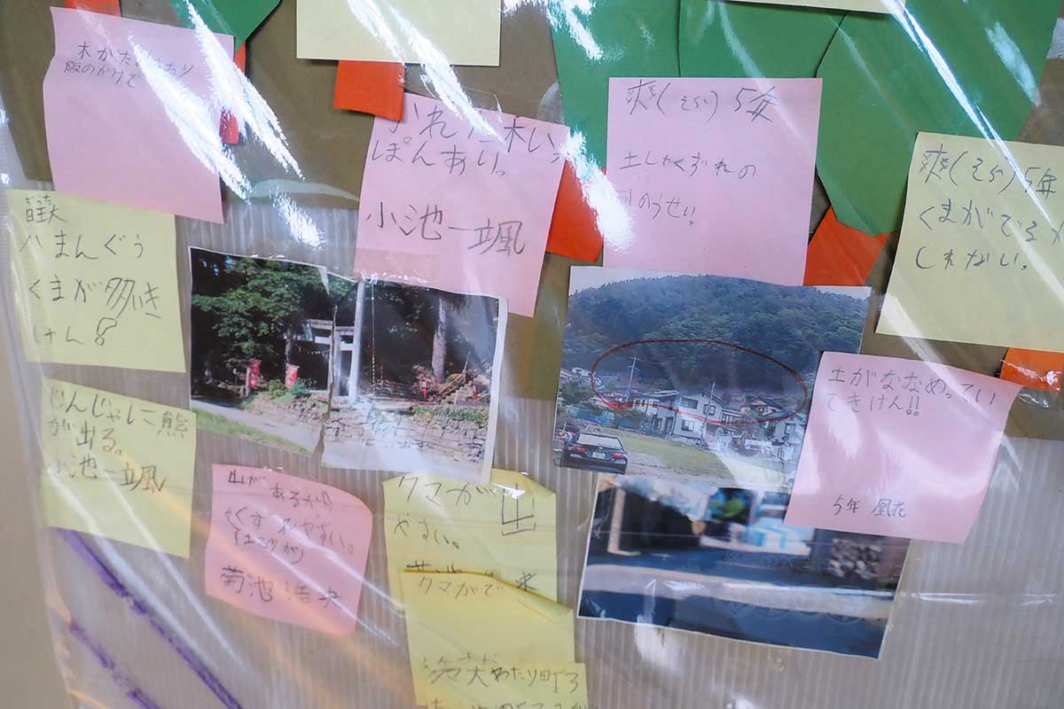 危険な点を書いた付箋や写真が貼られた手作りマップ