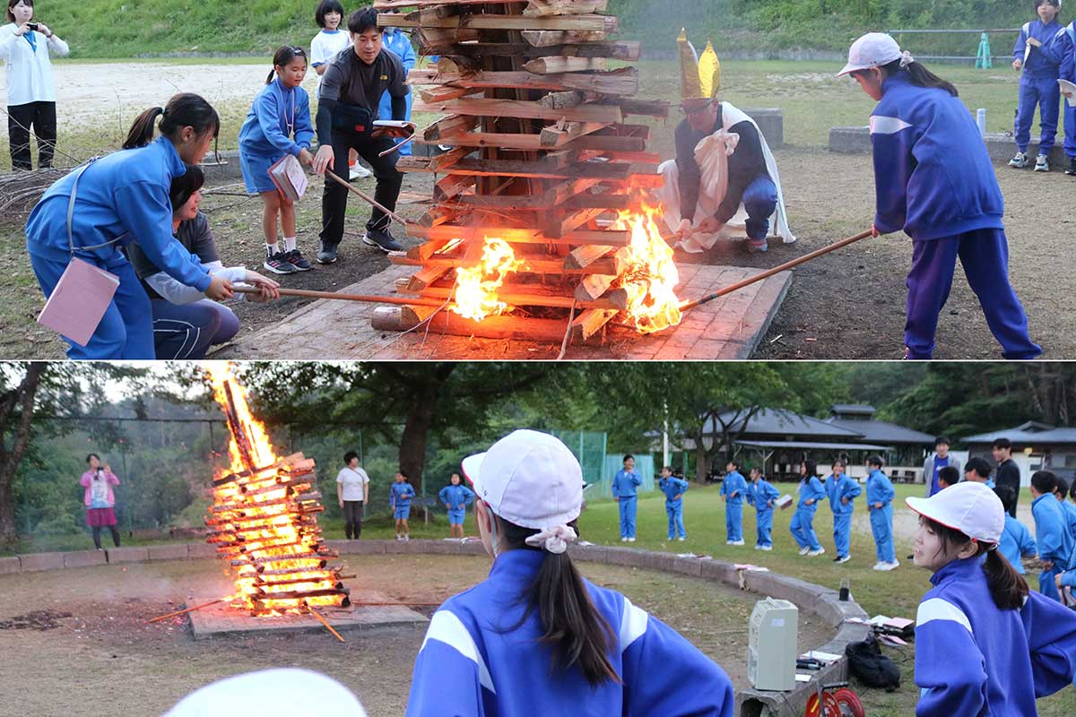 分火してもらった火を井桁に点火(写真上)。炎を囲みフォークダンス「ジェンカ」を楽しむ(同下)