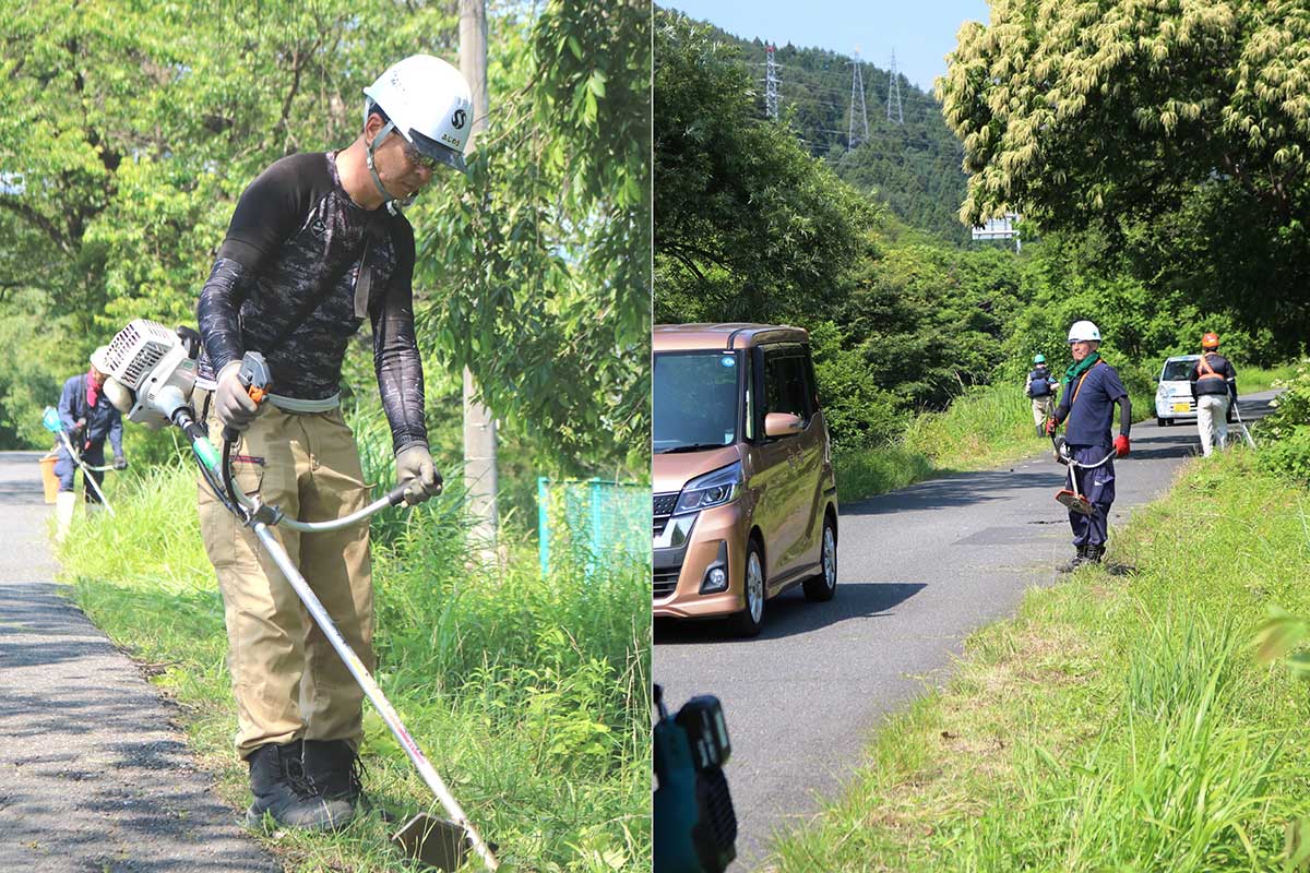 草を刈ると路面の端がくっきりと。車両の安全なすれ違いにも貢献
