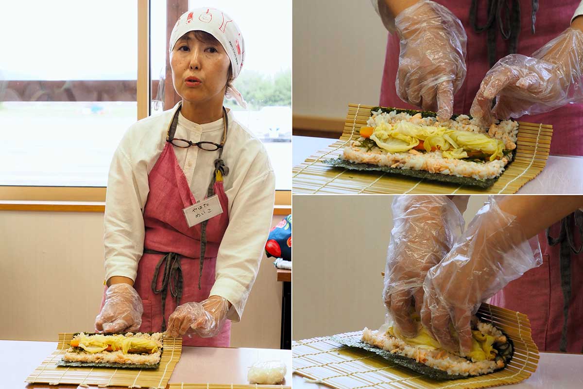 のり巻きの作り方を丁寧に教える「巻寿司特任大使」のやはためいこさん
