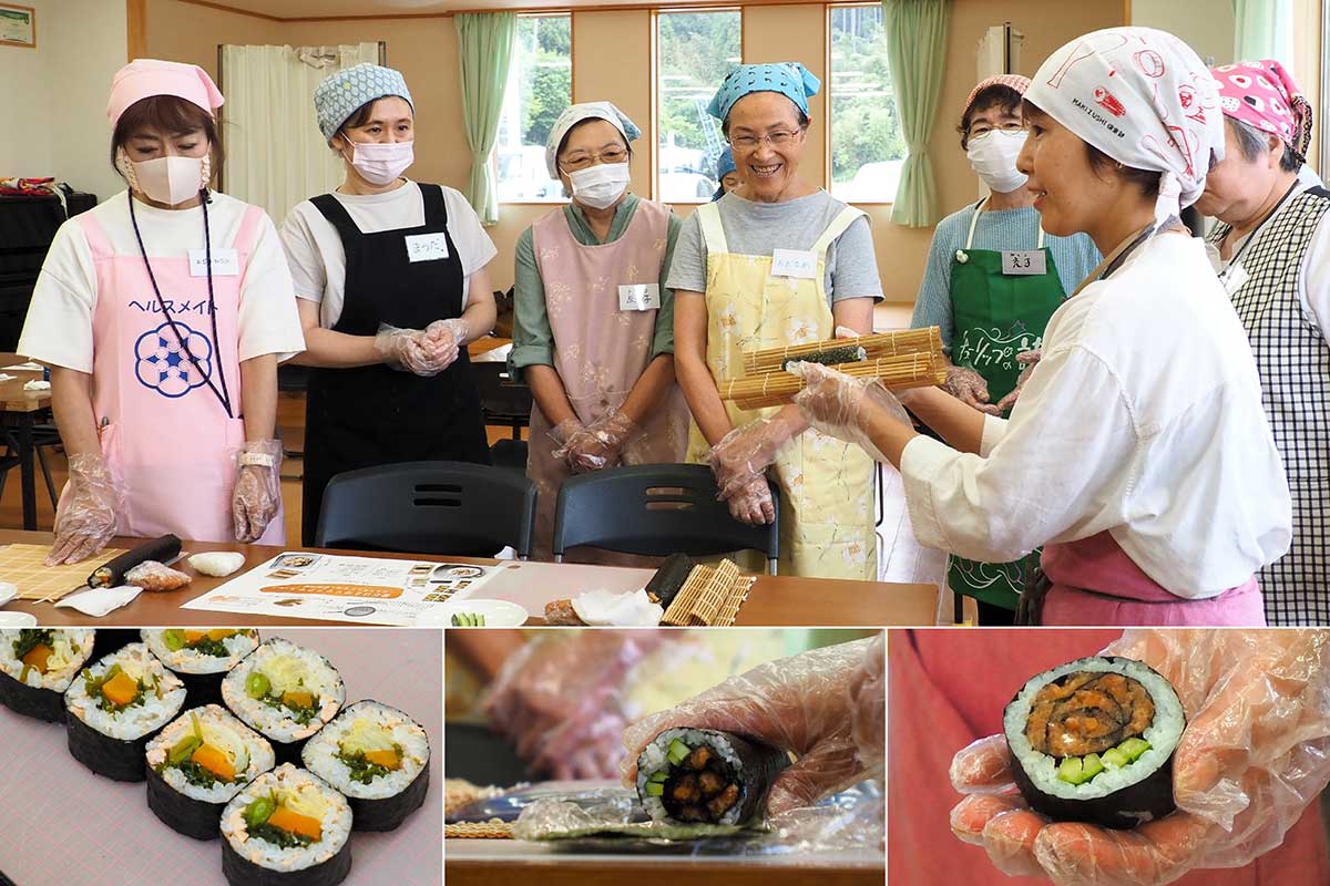 のり巻きが完成し笑顔を見せる参加者。きれいな断面に「おいしそう」