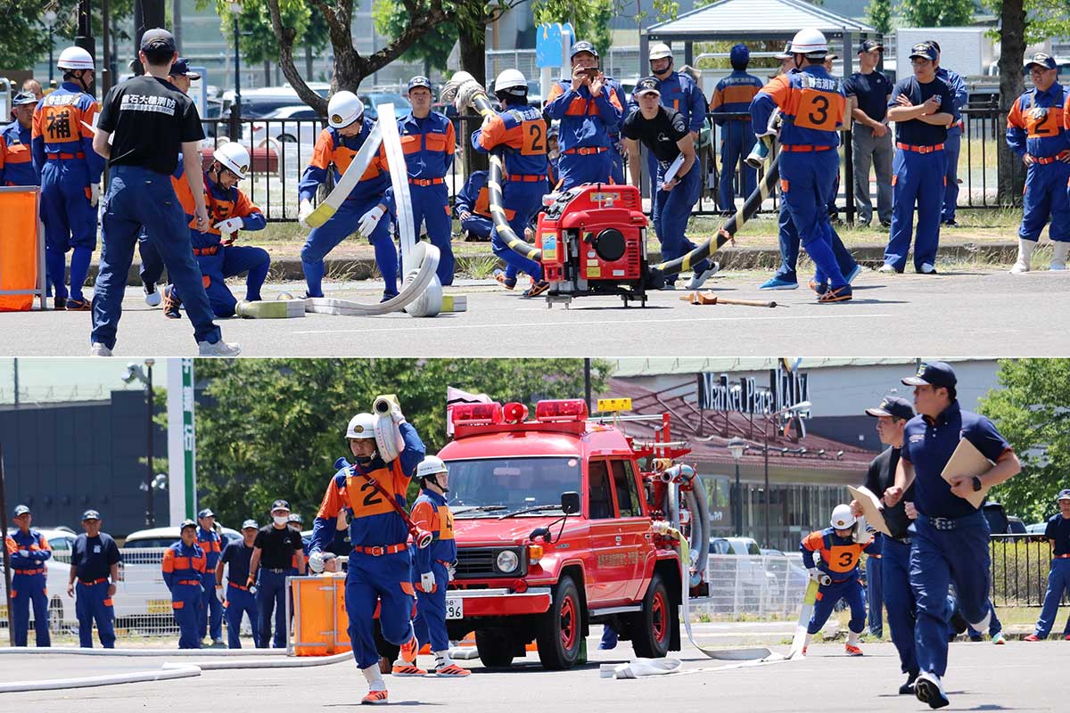 小型ポンプの部(写真上)とポンプ車の部(同下)で競い合った第14回遠野釜石地区支部消防操法競技会=釜石市鈴子町
