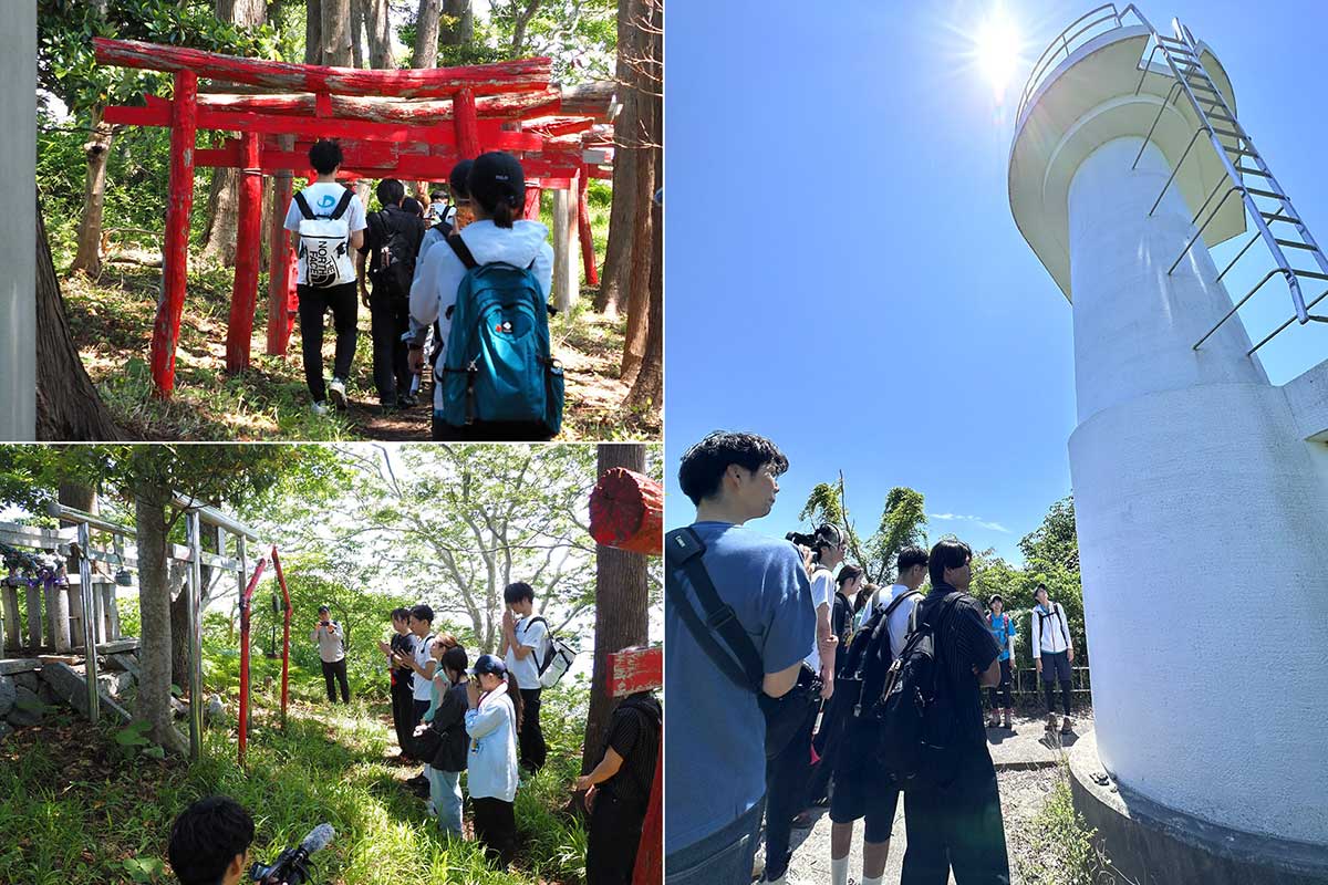 複数の赤鳥居をくぐり御箱崎神社を参拝。さらに進むと御箱崎灯台