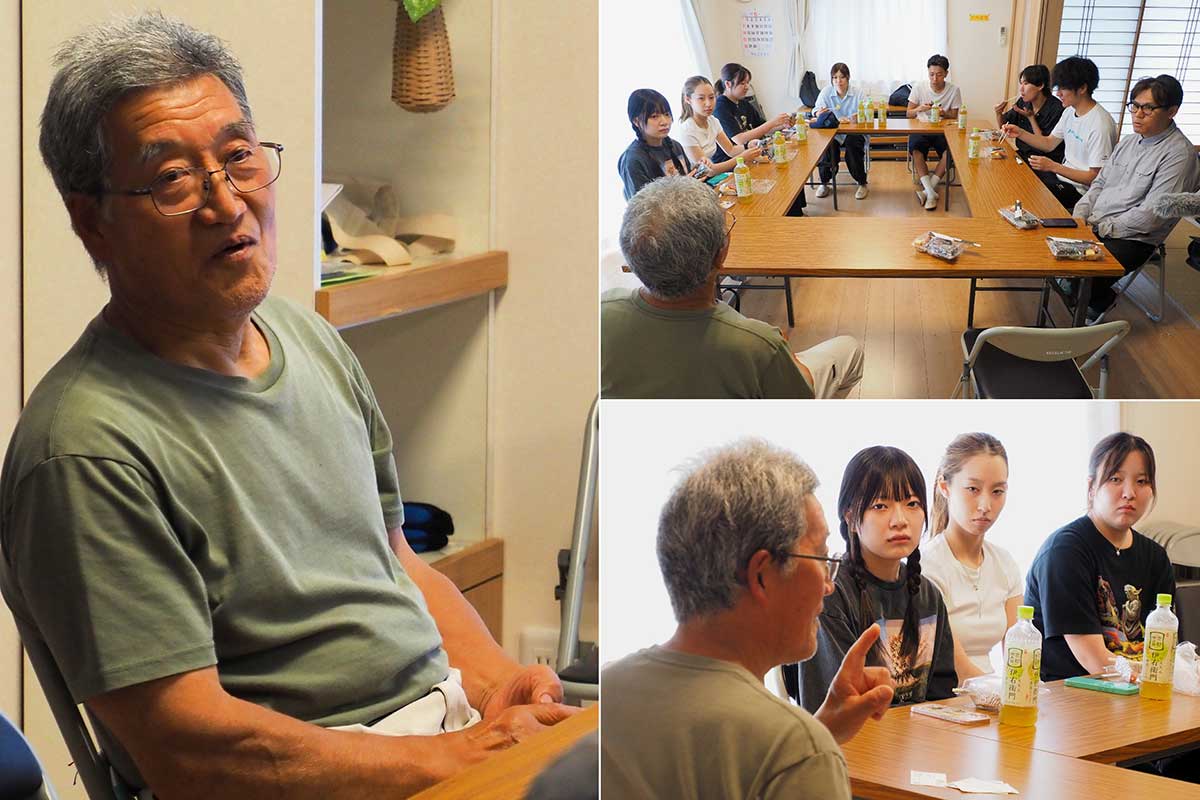 潮風トレイルについて感じていることを学生に伝えた小西勝見さん（左の写真）