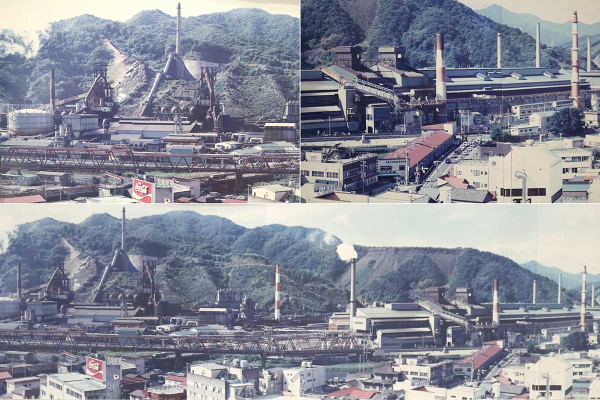 昭和60年(新日鉄時代)の製鉄所。手前に大渡橋に並行して架かる橋上市場(赤屋根)が見える(写真右上)ほか、三陸鉄道のトラス橋りょうの背後には第1(元第10)高炉と第2(元第8)高炉が見える(同左上)。写真は第2高炉休止時に撮影