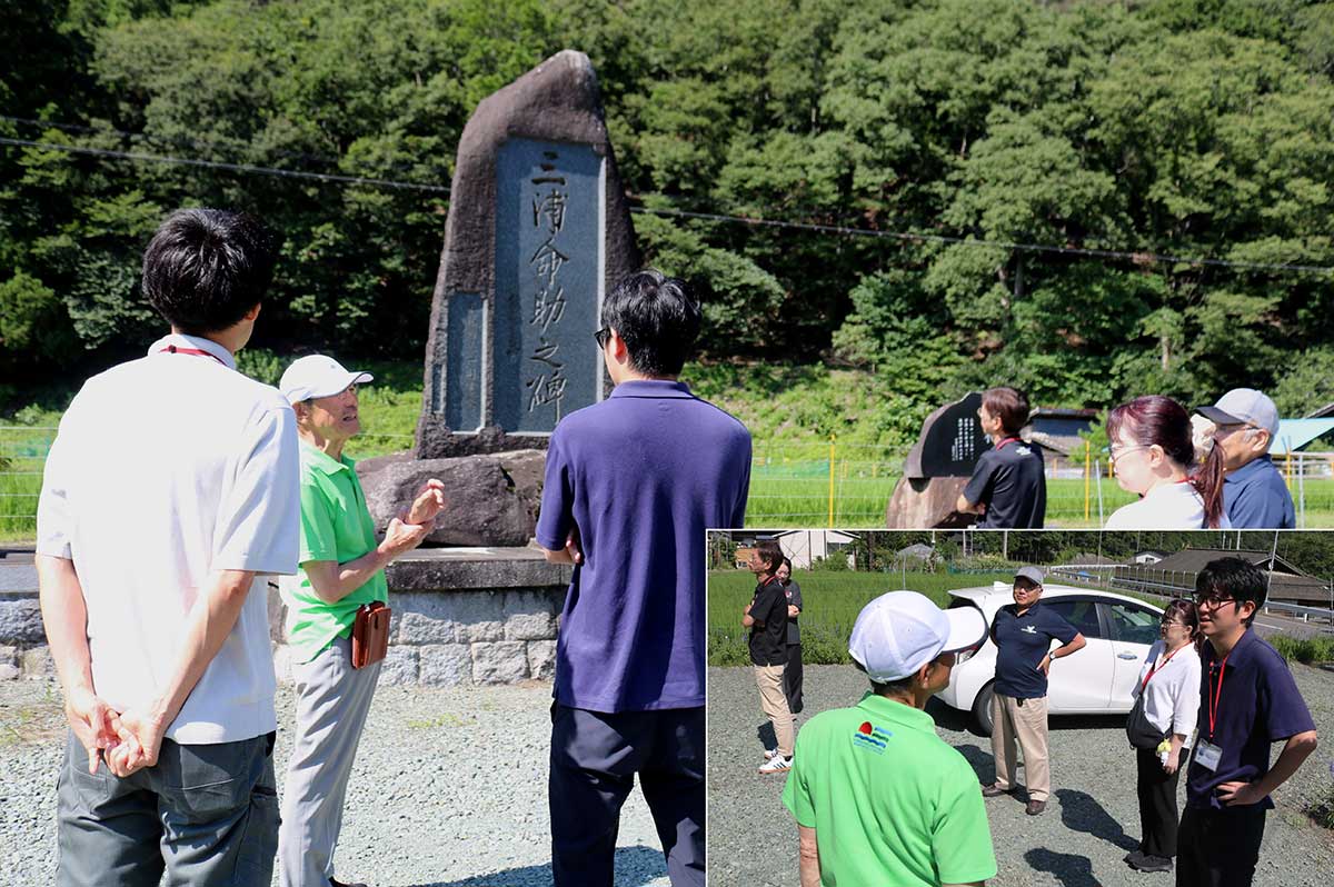 試走会では栗林町の偉人三浦命助の碑に立ち寄り、ドライバーの説明を聞いた