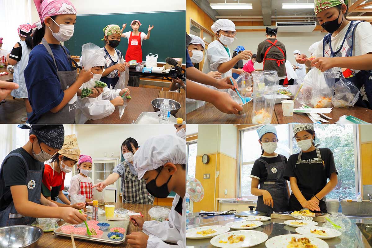 学年を超え協力して調理。餅のピザづくりは高学年が担当
