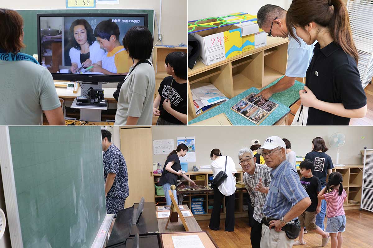 住民らが寄せた古い時代の写真も多数公開。モニターで過去写真のスライドショーも