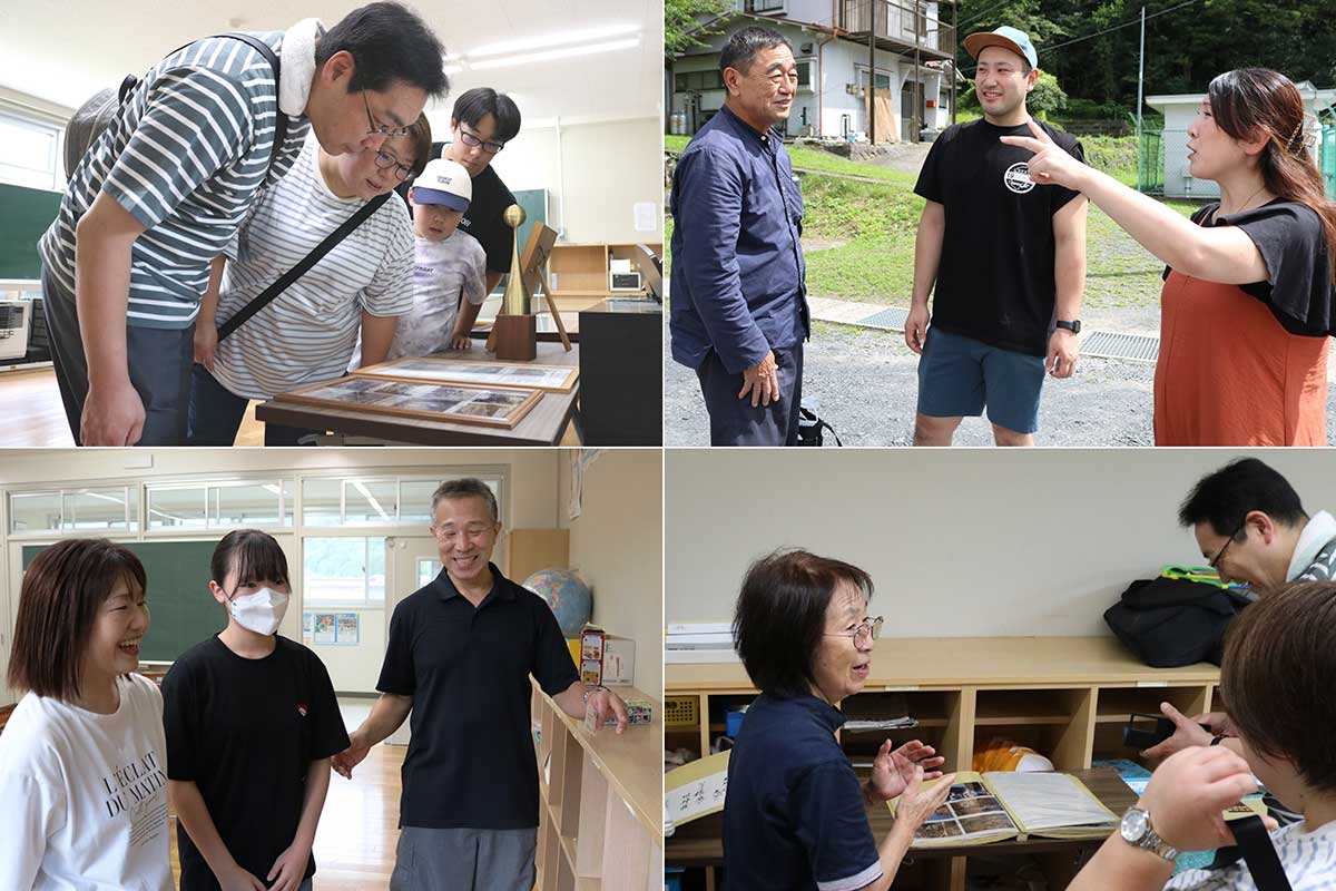 地元を離れた卒業生は久しぶりに再会した地域住民らと会話が弾む（写真右側）。卒業生の子どもらも父母の小学校時代に興味津々（同左側）