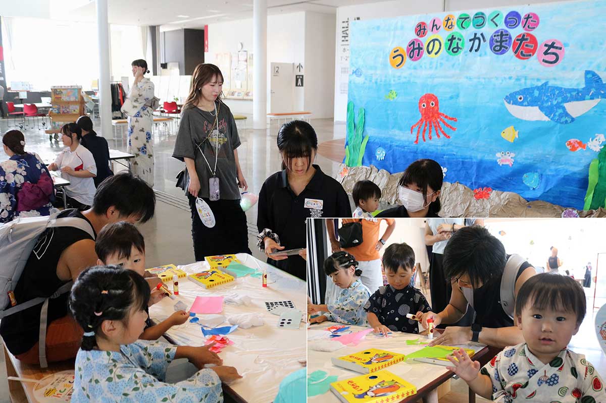 みんなでつくろう！「海の生き物アート」。色紙を使って思い思いに仕上げた