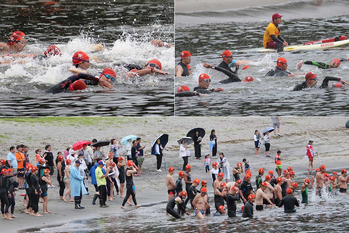 中学生以上が対象の3キロの部。男子（写真右上）の30秒後に女子（同左上）がスタート。制限時間は2時間