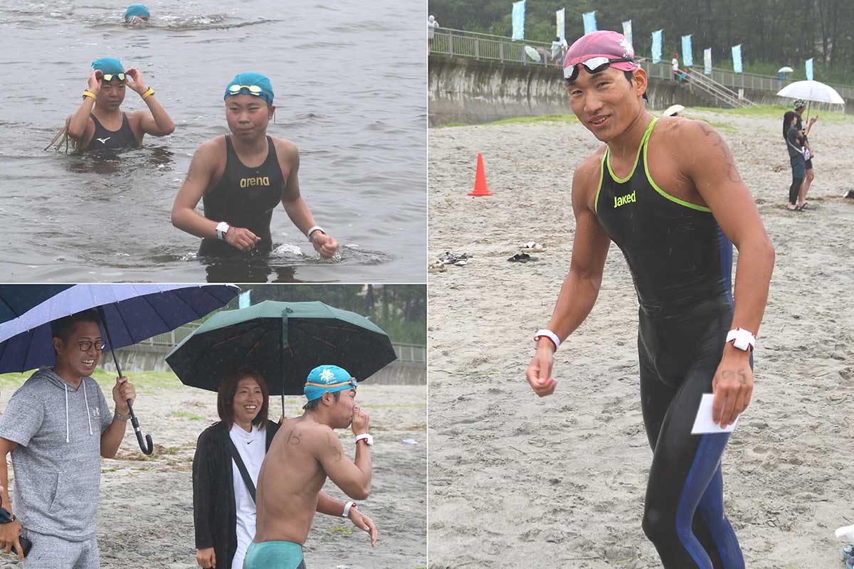 トライアルの1位選手に5分以上の差をつけ、5キロトップでゴールした渡辺雅空さん（写真右）。記録は1時間01分01秒0