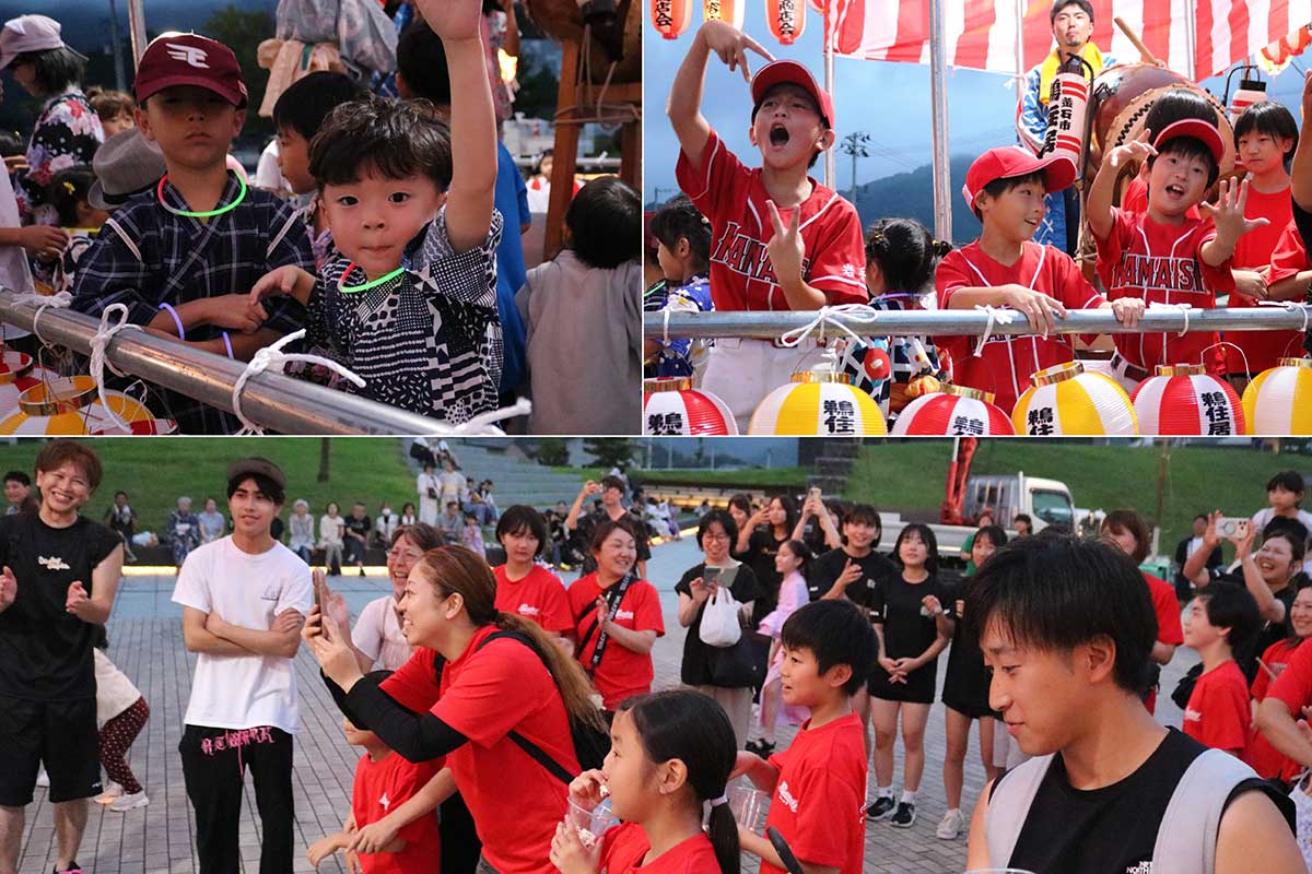 やぐらの上で踊る子どもコーナーも毎年人気。親たちはスマホカメラで熱心に撮影