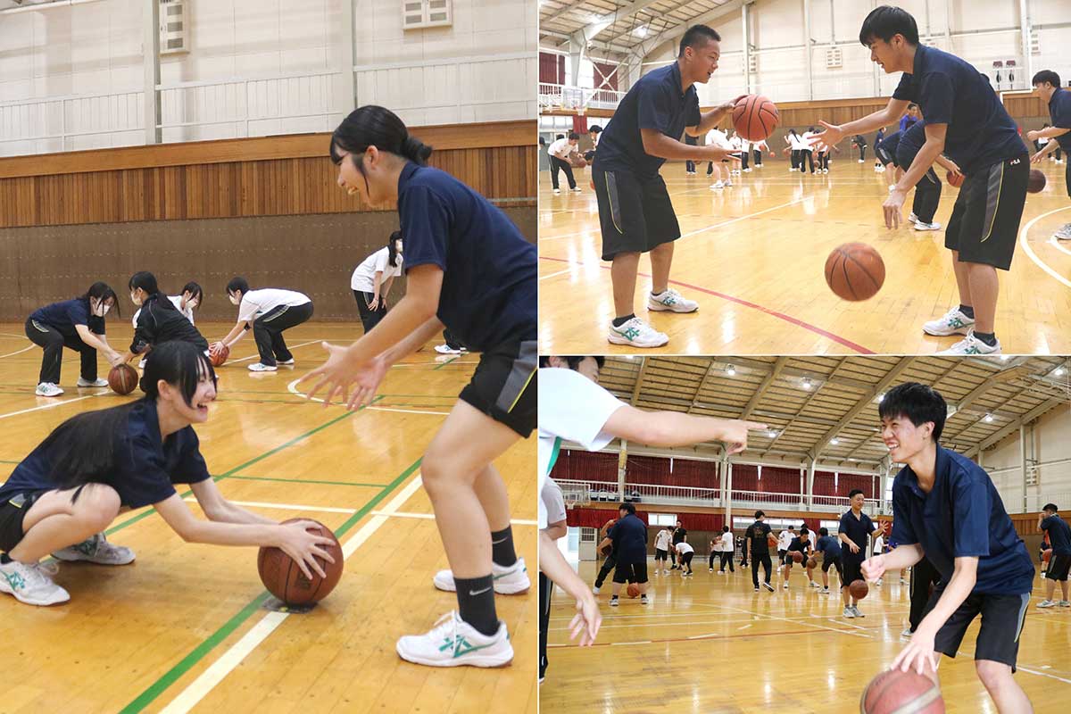 ドリブルをしながらジャンケン、「あっち向いてホイ！」も（写真右）