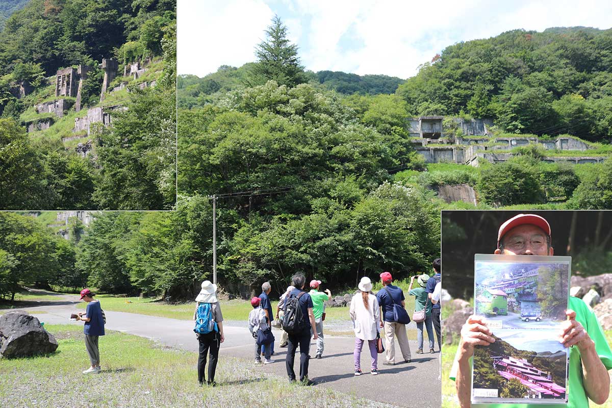 展示室前から臨む鉄、銅の鉱石選鉱場跡。建屋は解体され、今はコンクリートの基礎部分のみ残る