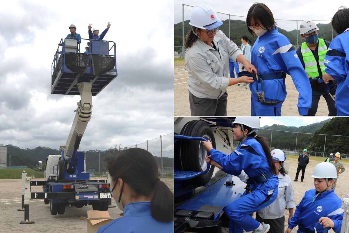 高所作業車試乗体験。安全ベルトを装着しデッキへ…。会員の操作で徐々に上昇