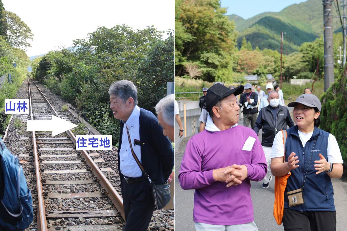 山から下りてきたクマは住宅地に点在するやぶを通って移動している可能性が高い。濱口さんは気になった箇所を教え、注意を促した