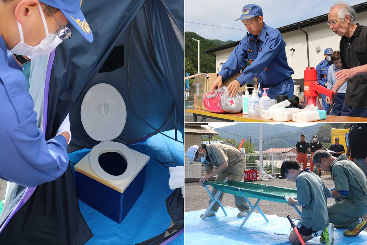 避難所設営訓練では仮設トイレ（左）や簡易ベッド（右下）の組み立て、衛生用品の準備（右上）などを実施