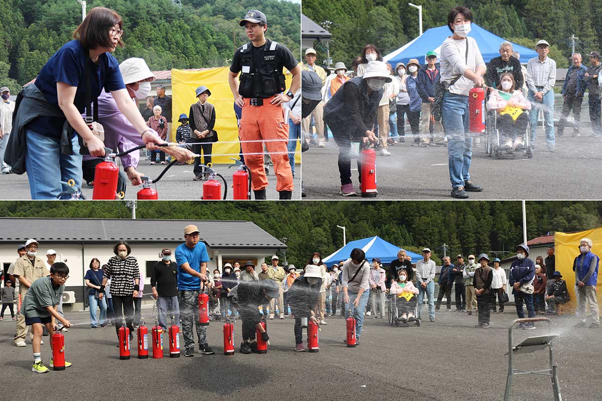 訓練用の水消火器で初期消火訓練。釜石消防署員から操作の仕方を教わり実践した