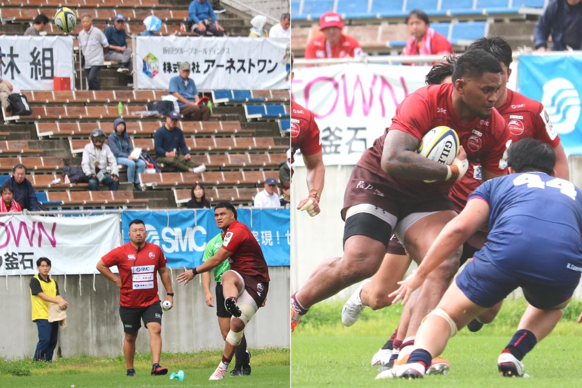新加入選手も活躍。後半2分のトライ後、コンバージョンキックを決めたWTBラリー・スルンガ（写真左）。力強い突進を見せるナンバー8シオネ・ブナ（同右）