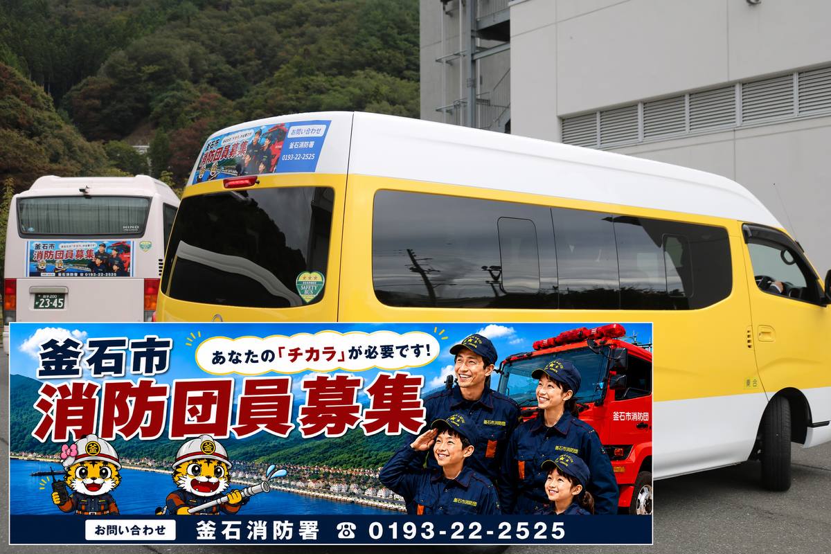 海と山の風景、虎舞にちなんだトラのキャラクターなど“釜石感”満載の団員募集ステッカーで消防団入団を呼びかける。興味のある方はぜひ釜石消防署へお問い合わせを！