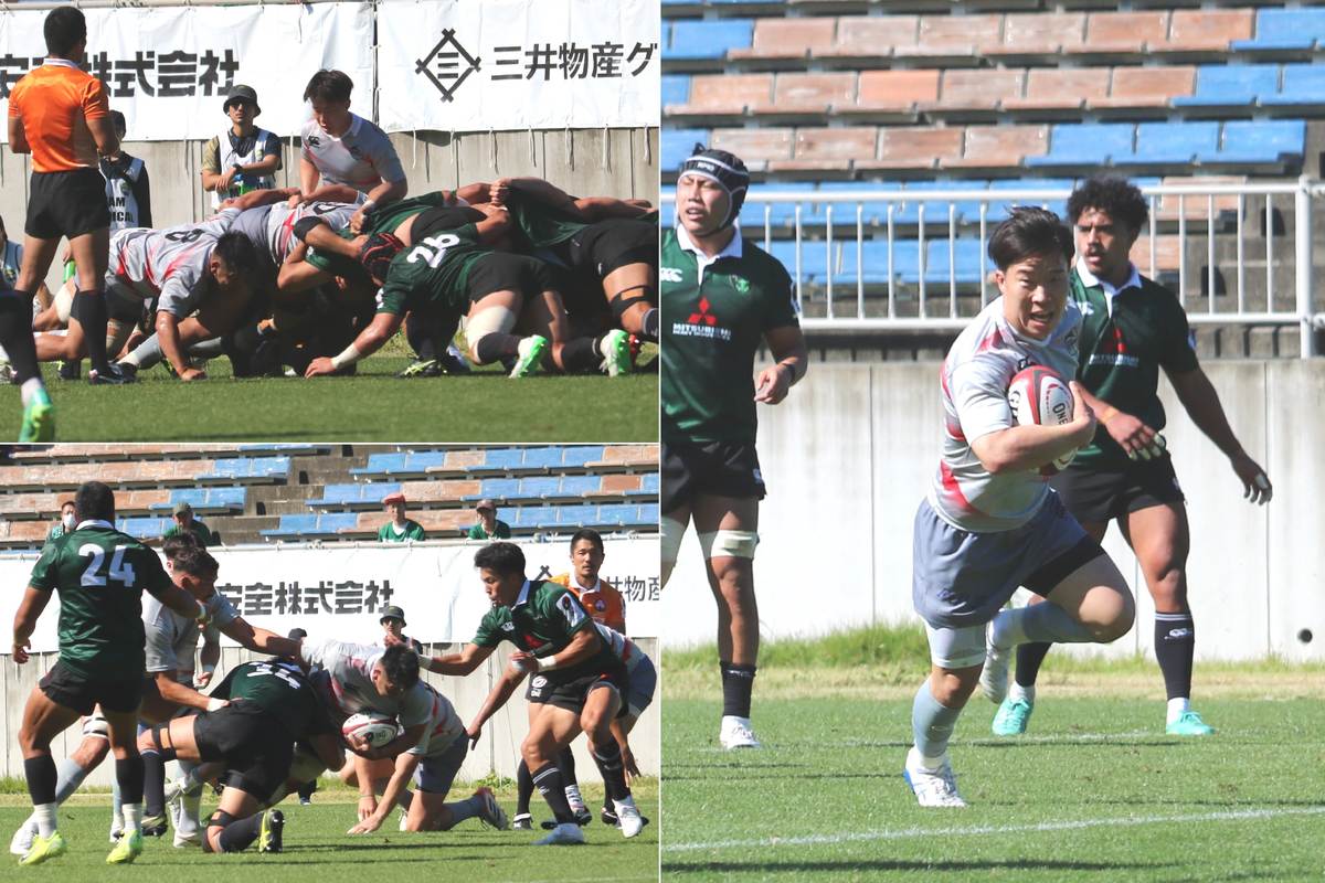 前半15分、釜石ボールのスクラムからアタックを続け、SH村上陽平（写真右）が抜け出しトライ