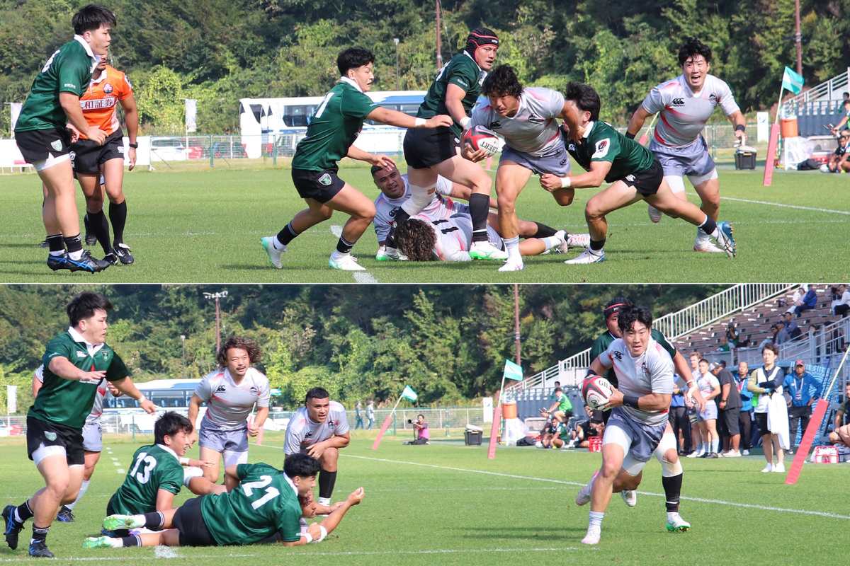 後半23分、左に展開しWTB小野航大からSO川上剛右につなぎ（写真上）、最後はSH南篤志がトライ（写真下）