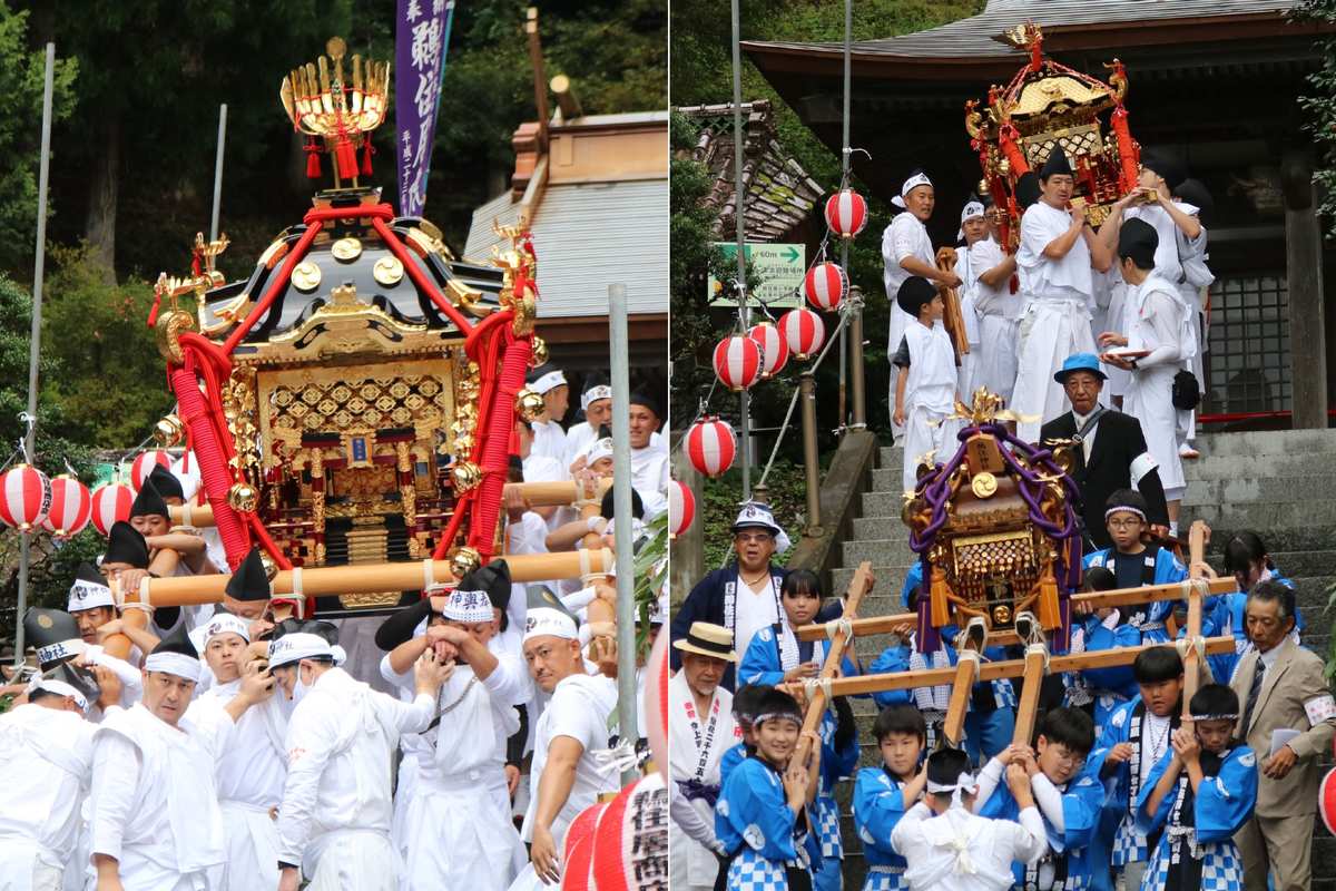 神事を終え渡御に出発する本みこし（左）、古峯神社みこし（右上）、子どもみこし（右下）＝鵜住神社