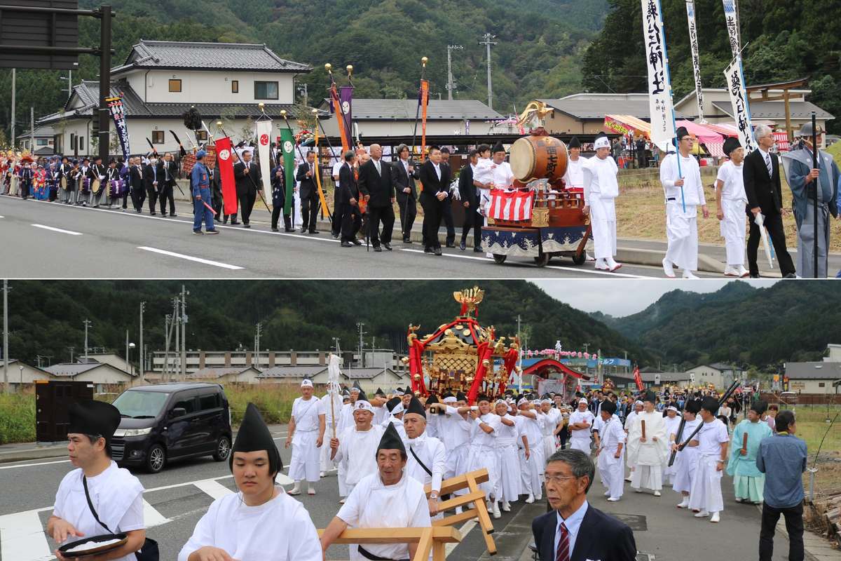 祭り場から国道45号に出て進むみこし行列。沿道では地域住民らが出迎えた