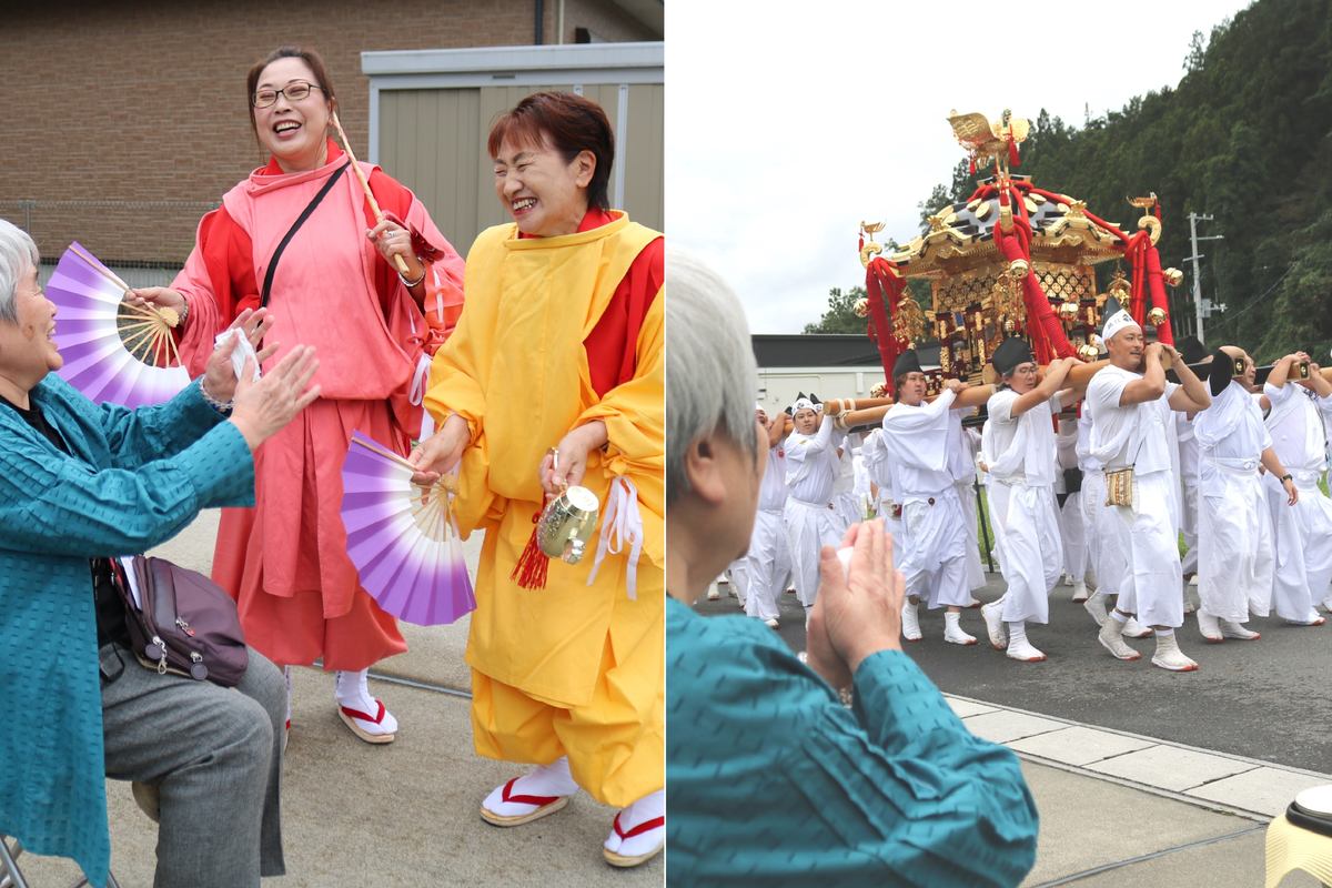 感謝を込め、みこしに手を合わせる住民。行列参加者と笑顔を重ねた