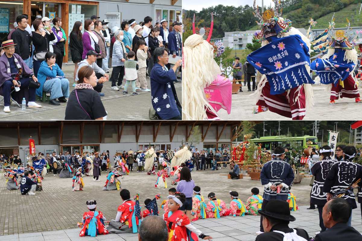 広場には大勢の見物客が集まり、各団体の踊りに見入った。雌鹿をめぐる雄鹿の戦い「突合い」（右上）は激しい踊りが特徴