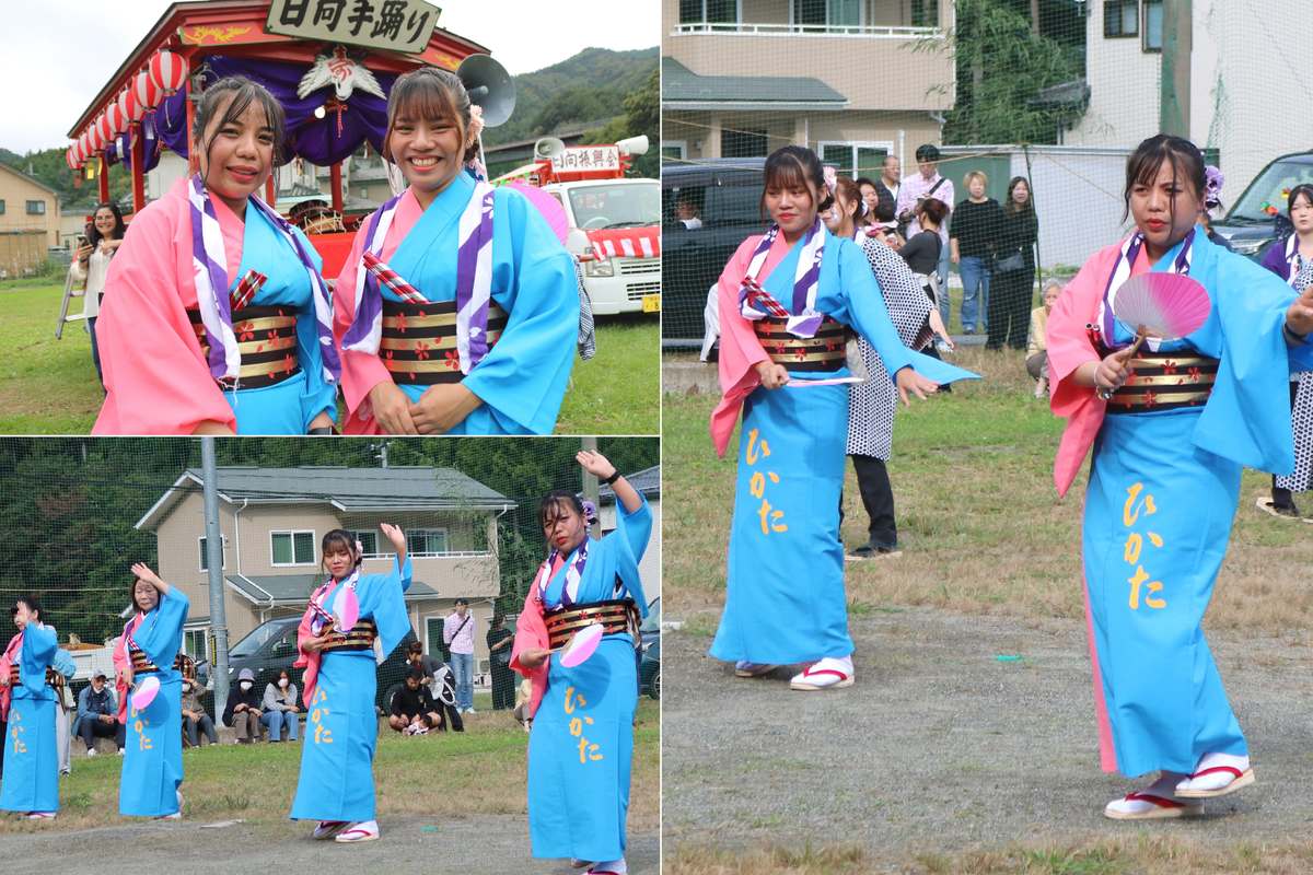 日向振興会の手踊りに初めて参加したタイ出身女性2人は踊りも完璧。日本の祭りを存分に楽しんだ